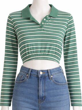 Arizona Jean Co Womens Small Crop Top Striped Cropped Polo Shirt Green White